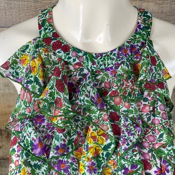 Eci Floral Ruffle Front High Neck Tank Top Cut Out Back Size 6 - Picture 2 of 9